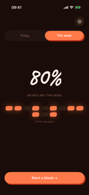 Through's home screen showing intent completion at 80%, with a dot grid